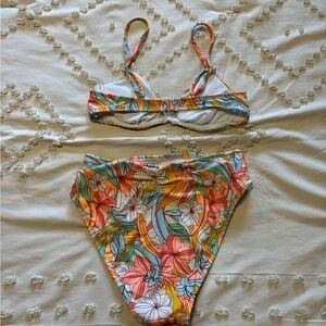 High waisted floral bikini bottoms with underwire top